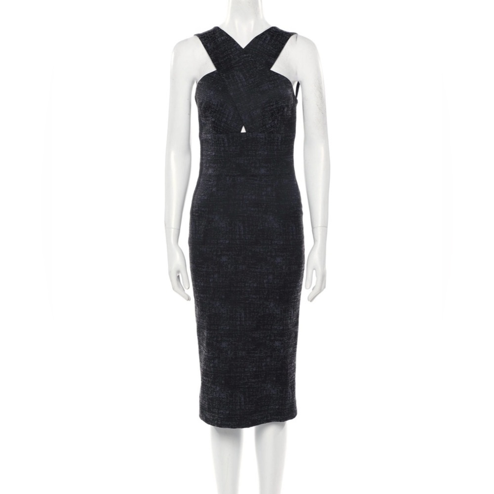 Hunter Bell Women’s Black Jacquard Cross Neck Sheath Dress Knee Length